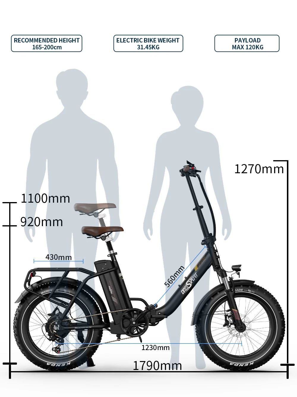 ONESPORT OT16 Max Electric Bike, 500W Motor, 48V 18Ah Battery, 20*4.0 inch Tires, 25km/h Max Speed, 120km Range, Hydraulic Disc Brakes, Front Suspension Fork, Shimano 7-speed - Black Brown
