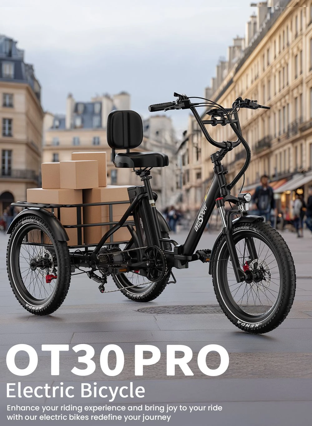 ONESPORT OT30 Pro Electric Cargo Tricycle, 500W Motor, 48V 18Ah Battery, 20*3 inch Tires, 25km/h Max Speed, 90km Range, Hydraulic Disc Brakes, Shock Absorbing Front Fork, Shimano 7-speed, 180kg Max Load - Black