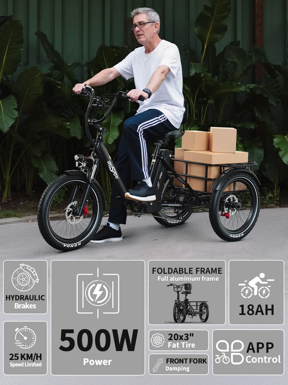 ONESPORT OT30 Pro Electric Cargo Tricycle, 500W Motor, 48V 18Ah Battery, 20*3 inch Tires, 25km/h Max Speed, 90km Range, Hydraulic Disc Brakes, Shock Absorbing Front Fork, Shimano 7-speed, 180kg Max Load - Black