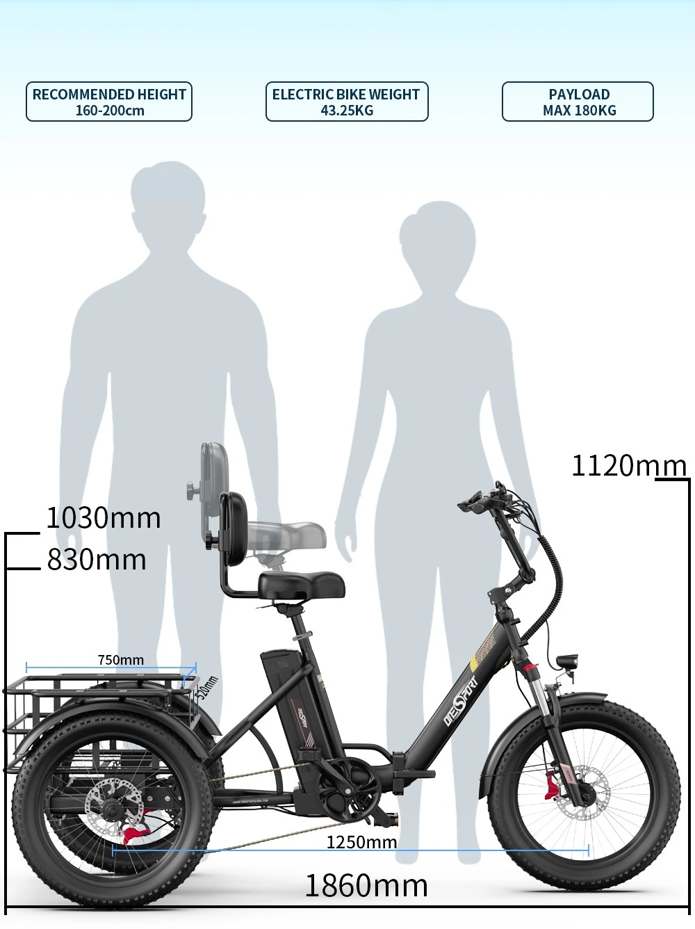 ONESPORT OT30 Pro Electric Cargo Tricycle, 500W Motor, 48V 18Ah Battery, 20*3 inch Tires, 25km/h Max Speed, 90km Range, Hydraulic Disc Brakes, Shock Absorbing Front Fork, Shimano 7-speed, 180kg Max Load - Black