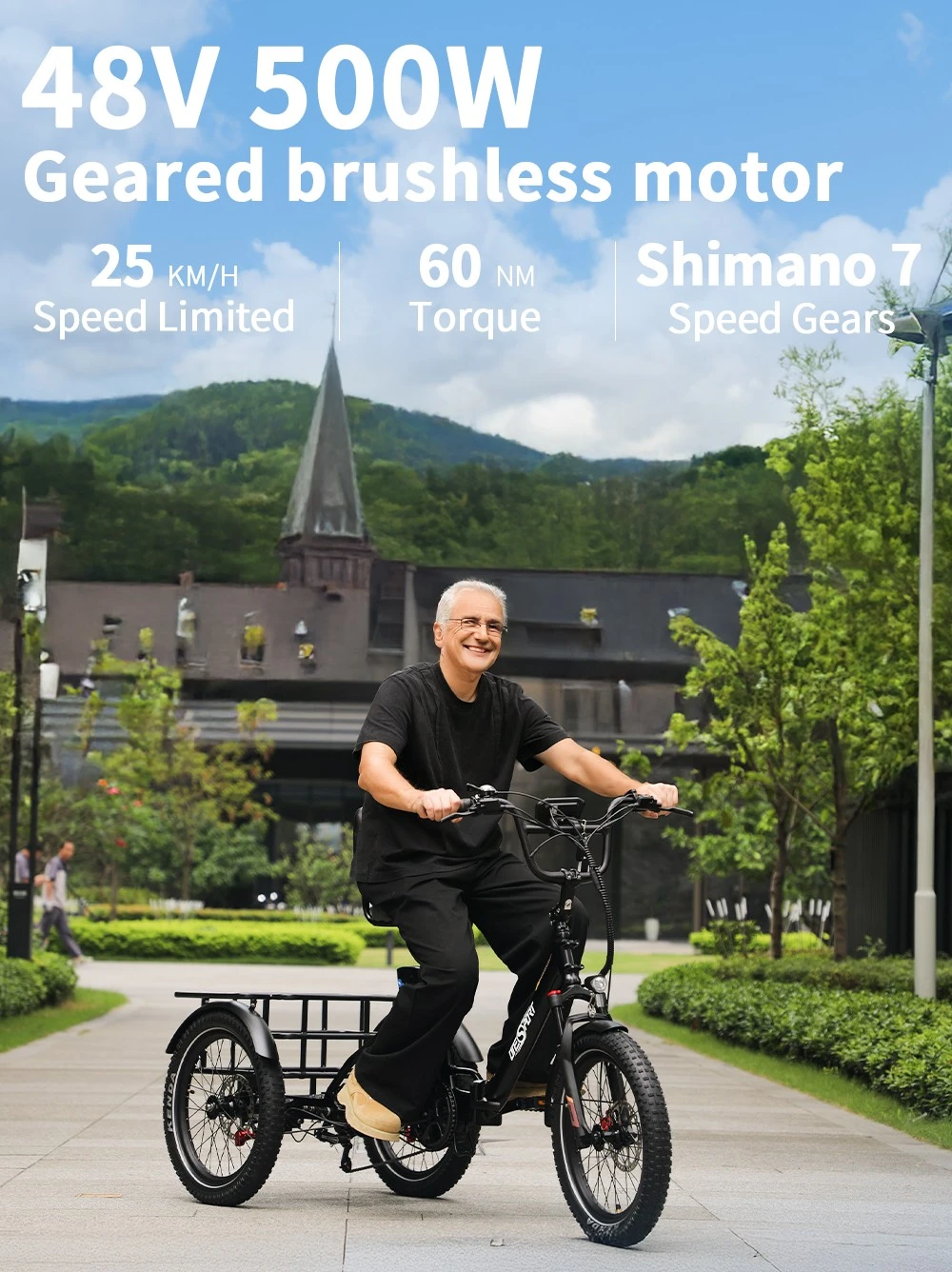 ONESPORT OT30 Pro Electric Cargo Tricycle, 500W Motor, 48V 18Ah Battery, 20*3 inch Tires, 25km/h Max Speed, 90km Range, Hydraulic Disc Brakes, Shock Absorbing Front Fork, Shimano 7-speed, 180kg Max Load - Black