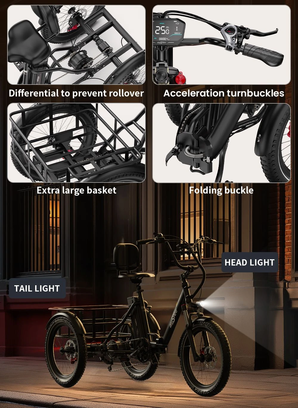 ONESPORT OT30 Pro Electric Cargo Tricycle, 500W Motor, 48V 18Ah Battery, 20*3 inch Tires, 25km/h Max Speed, 90km Range, Hydraulic Disc Brakes, Shock Absorbing Front Fork, Shimano 7-speed, 180kg Max Load - Black