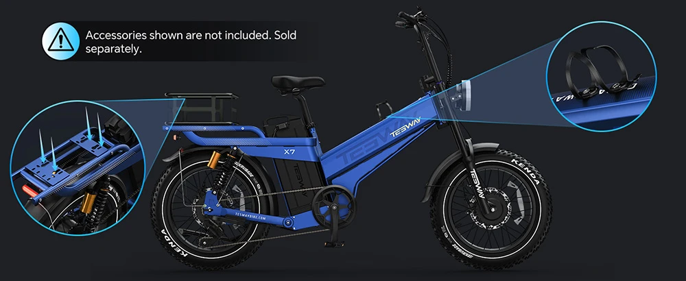 TESWAY X7 AWD Electric Bike, 1000W*2 Motor, 52V 60Ah Battery, 20*4 inch Tires, 60km/h Max Speed, 320km Max Range, Dual Hydraulic Brakes, Full Suspension, Shimano 7-speed - Black