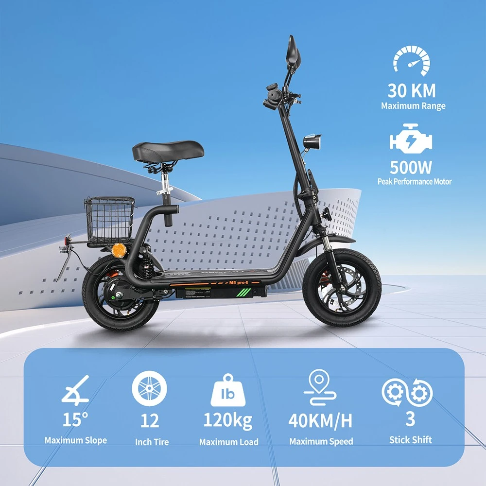 TWOFISH M5 PRO-E EEC Certified Electric Scooter with Seat and Rear Basket, 500W Motor, 48V 13Ah Battery, 12 inch Tires, 40km/h Max Speed, 30km Range, Dual Disc Brakes, Front & Rear Shock Absorbers - Black