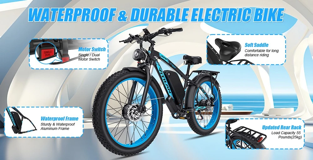Vitilan H5 Electric Bike, 1000W*2 Motor, 52V 25Ah Battery, 24*4.0 inch Fat Tires, 64km/h Max Speed, 105km Range, Front & Rear Hydraulic Brakes, Suspension Front Fork, Shimano 7-speed
