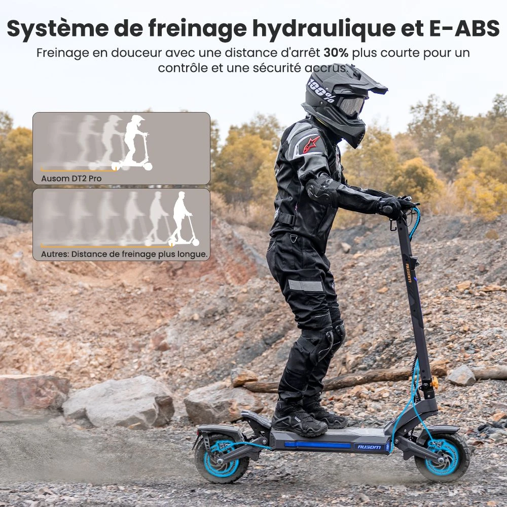 Ausom DT2 Pro Trottinette électrique, moteur 2 x 1 100 W, 52 V 23,4 Ah, pneus 10 x 3 pouces, vitesse maximale de 68 km/h, autonomie maximale de 115 km, freins à disque hydrauliques avant et arrière, suspension à bras oscillant
