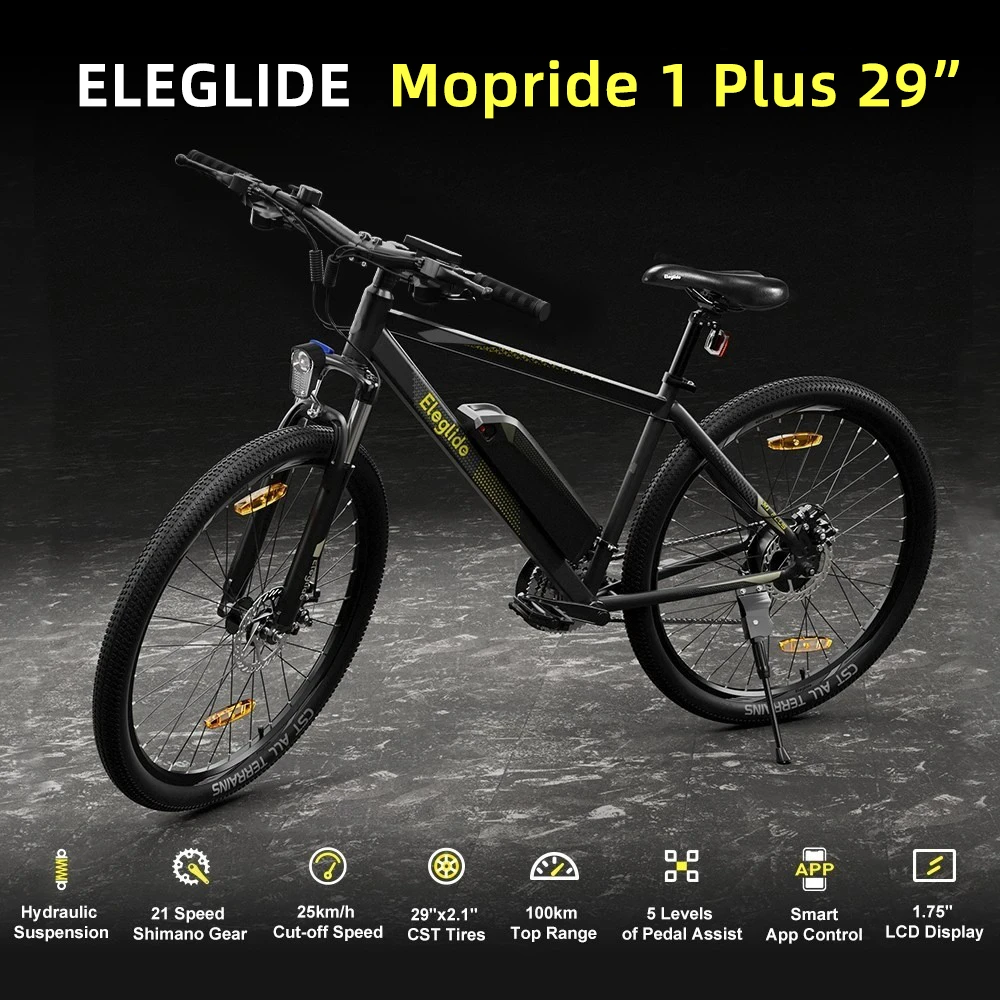 Bicicletă electrică Eleglide Mopride 1 Plus 29 inch, baterie 36V 12.5Ah, motor 250W, viteză maximă 25km/h, schimbător Shimano cu 21 de viteze, autonomie maximă 100km, frâne cu disc dublu, șa confortabilă din spumă, MTB, moped, aplicație inteligentă - Negru