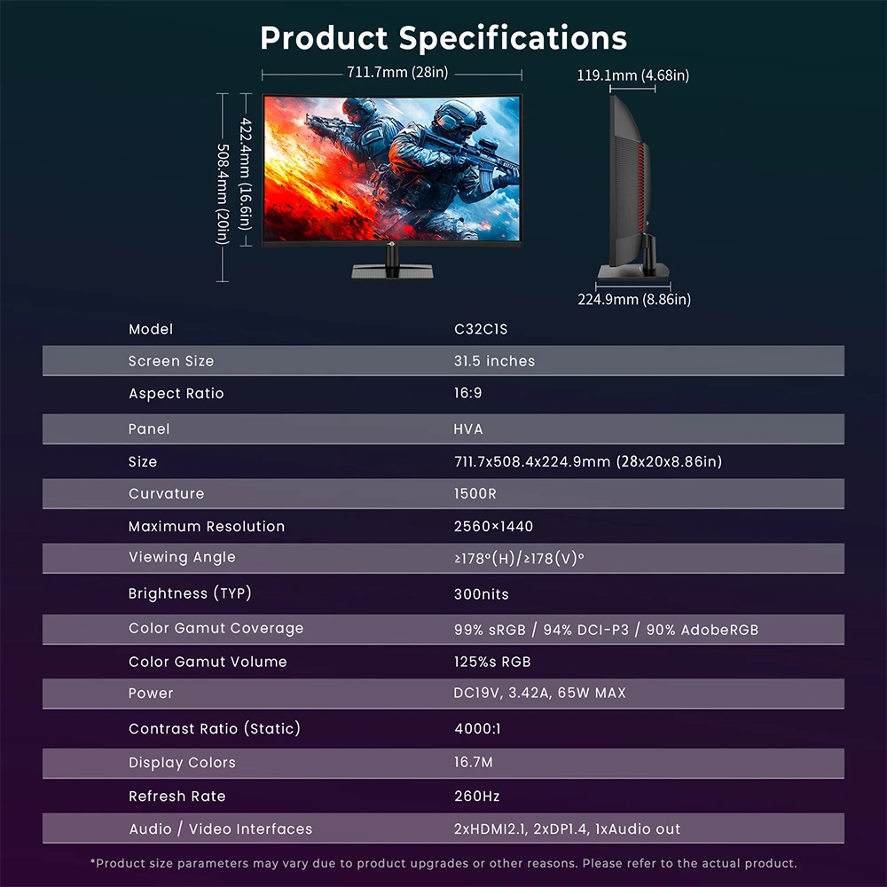 TITAN ARMY C32C1S Moniteur de jeu incurvé 1500R, panneau rapide HVA 2560 x 1440 de 31,5 pouces, taux de rafraîchissement de 260 Hz, 1 ms GTG, synchronisation adaptative, HDR400, 99 % sRGB, mode Game Plus, prise en charge de l'affichage PIP et PBP