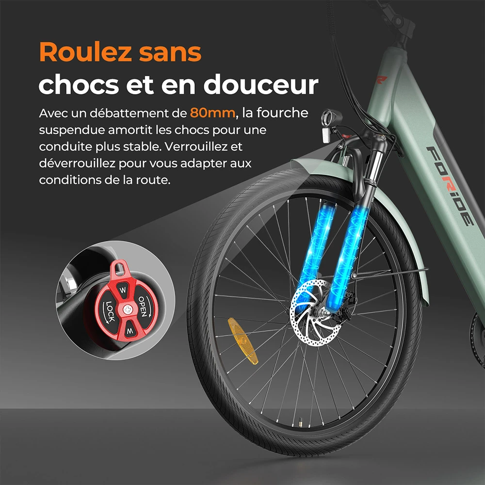 Foride Roamer 1 Vélo électrique, moteur 250 W, batterie 36 V 13 Ah, pneus 27,5 pouces, vitesse maximale 25 km/h, autonomie maximale 100 km, frein à disque, suspension avec blocage, Shimano 7 vitesses - Vert