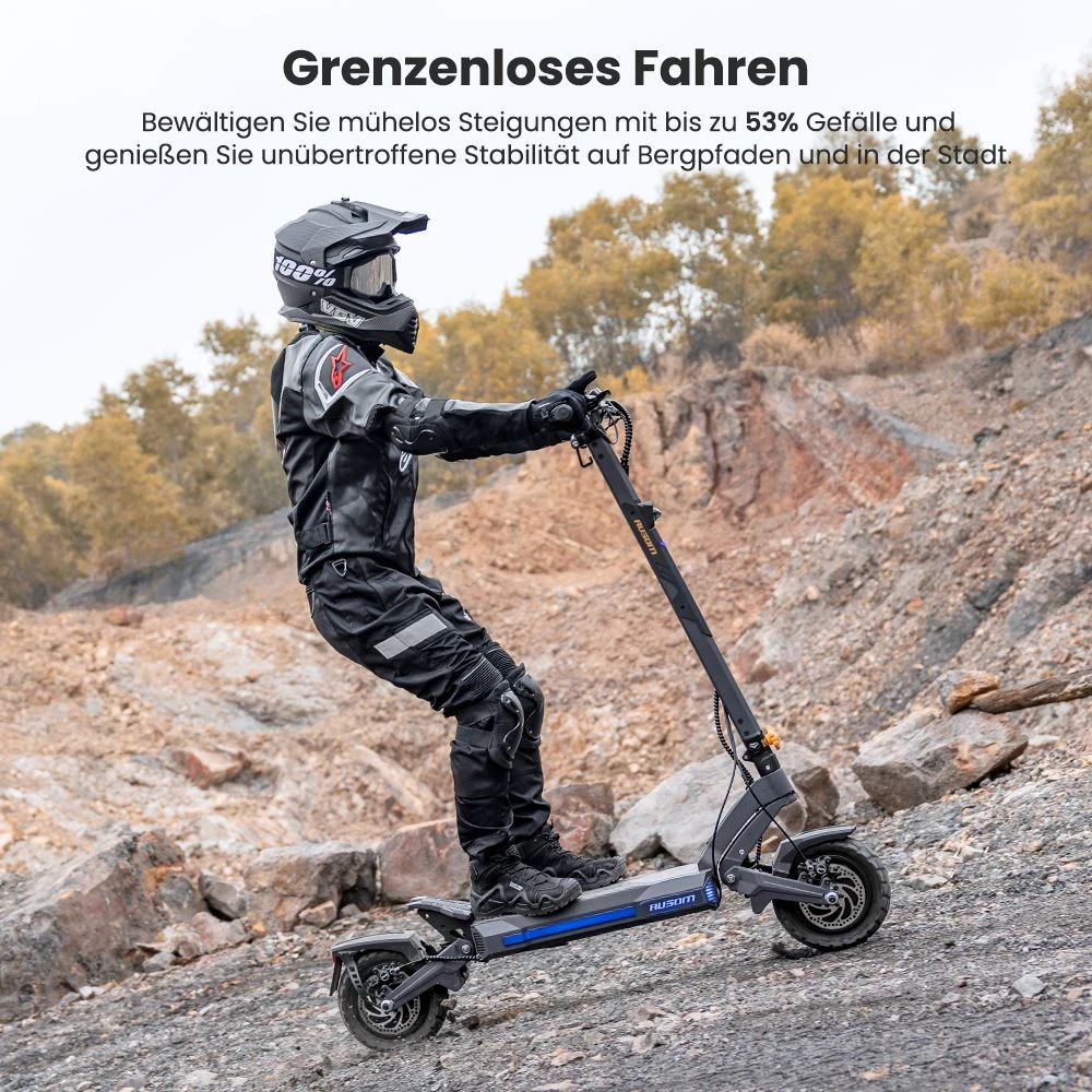 Ausom DT2 Pro Elektroroller, 2 x 1100 W Motor, 52 V 23,4 Ah, 10 x 3,0 Zoll Reifen, 68 km/h Höchstgeschwindigkeit, 115 km maximale Reichweite, hydraulische Scheibenbremsen vorne und hinten, Schwingenaufhängung
