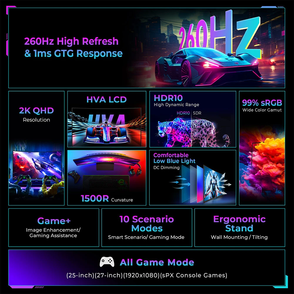 TITAN ARMY C32C1S Moniteur de jeu incurvé 1500R, panneau rapide HVA 2560 x 1440 de 31,5 pouces, taux de rafraîchissement de 260 Hz, 1 ms GTG, synchronisation adaptative, HDR400, 99 % sRGB, mode Game Plus, prise en charge de l'affichage PIP et PBP