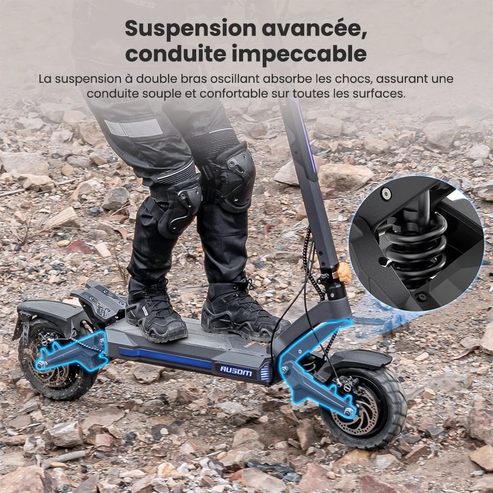 Ausom DT2 Pro Trottinette électrique, moteur 2 x 1 100 W, 52 V 23,4 Ah, pneus 10 x 3 pouces, vitesse maximale de 68 km/h, autonomie maximale de 115 km, freins à disque hydrauliques avant et arrière, suspension à bras oscillant
