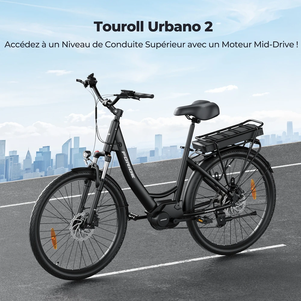 Foride Urbano 2 Vélo électrique, moteur central 250 W, batterie 36 V 13 Ah, pneus 26 pouces, vitesse maximale 25 km/h, autonomie 100 km, frein à disque hydraulique, suspension avec blocage, transmission Shimano 7 vitesses