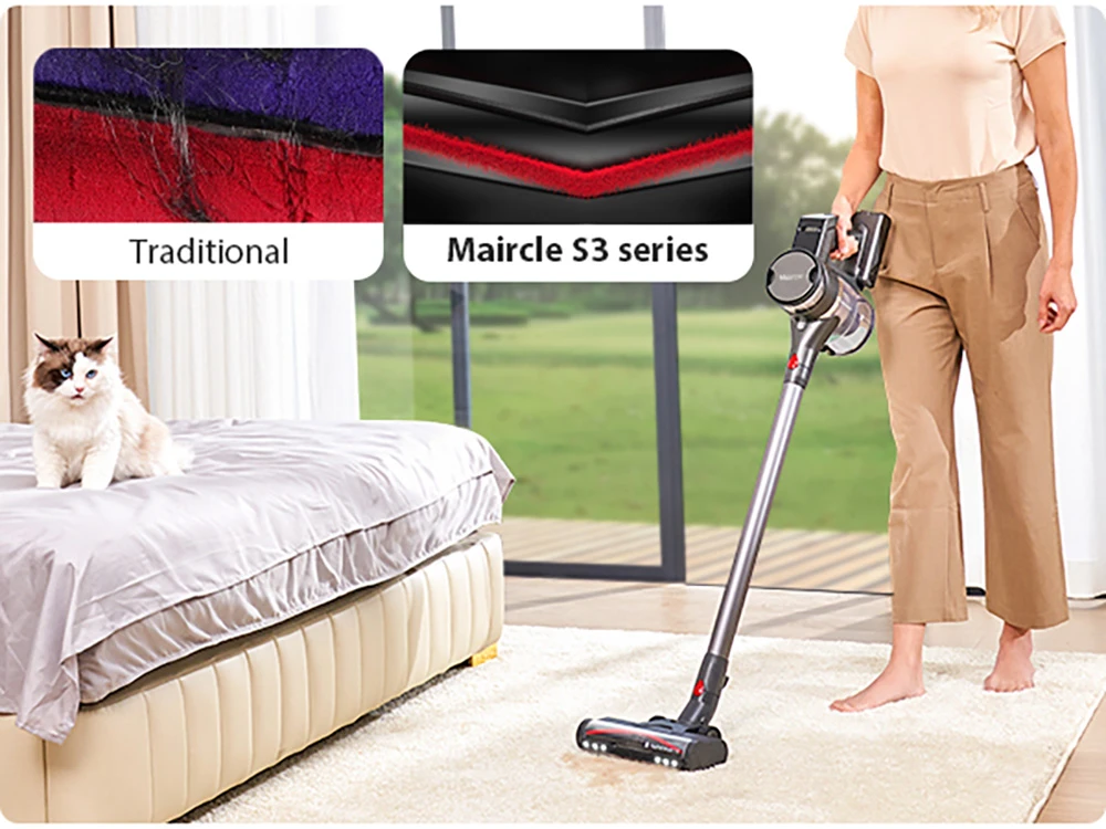 Maircle S3 Pro Cordless Vacuum Cleaner, with Store and Charge 2-in-1 Dock, 70min Runtime, 35kPa Power Suction, Green LED Headlight, for Hard Floors, Carpet and Pet Hair