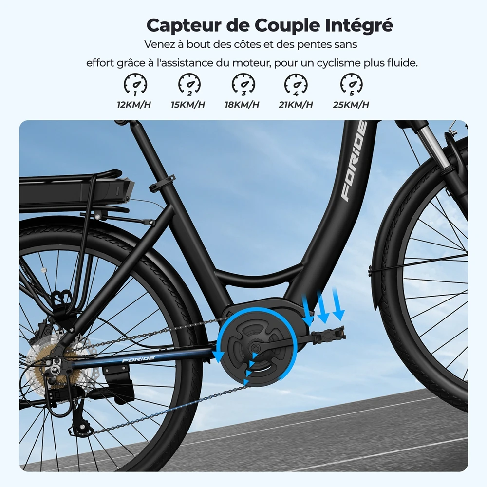 Foride Urbano 2 Vélo électrique, moteur central 250 W, batterie 36 V 13 Ah, pneus 26 pouces, vitesse maximale 25 km/h, autonomie 100 km, frein à disque hydraulique, suspension avec blocage, transmission Shimano 7 vitesses