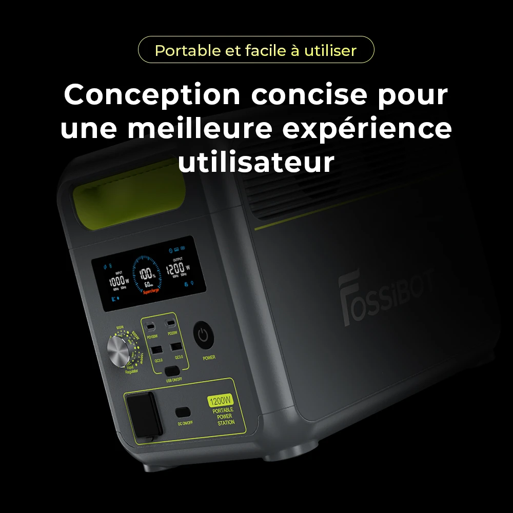 Centrale électrique portable FOSSiBOT F1200, capacité de 1 024 Wh, puissance nominale de 1 200 W, 3 modes d'éclairage LED, 7 ports de sortie, protection BMS, commutation < 10 ms, régulateur d'entrée à 5 vitesses, batterie LiFePO4 de qualité EV, plus de 4 000 cycles