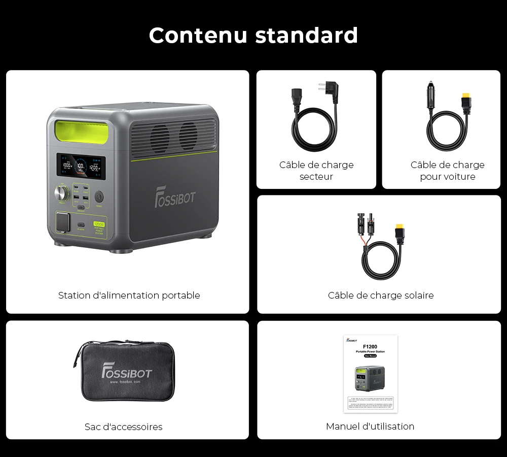 Centrale électrique portable FOSSiBOT F1200, capacité de 1 024 Wh, puissance nominale de 1 200 W, 3 modes d'éclairage LED, 7 ports de sortie, protection BMS, commutation < 10 ms, régulateur d'entrée à 5 vitesses, batterie LiFePO4 de qualité EV, plus de 4 000 cycles