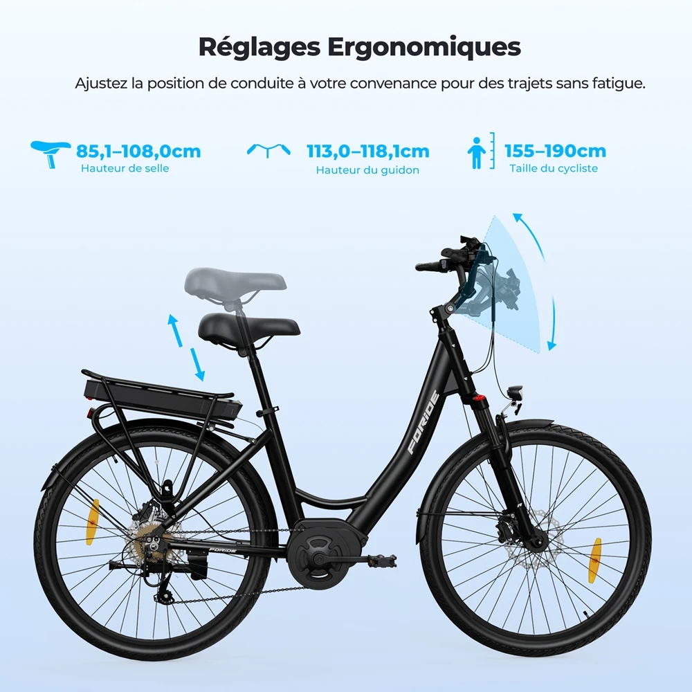 Foride Urbano 2 Vélo électrique, moteur central 250 W, batterie 36 V 13 Ah, pneus 26 pouces, vitesse maximale 25 km/h, autonomie 100 km, frein à disque hydraulique, suspension avec blocage, transmission Shimano 7 vitesses