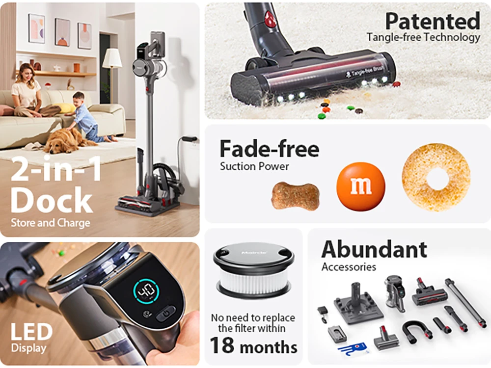 Maircle S3 Pro Cordless Vacuum Cleaner, with Store and Charge 2-in-1 Dock, 70min Runtime, 35kPa Power Suction, Green LED Headlight, for Hard Floors, Carpet and Pet Hair