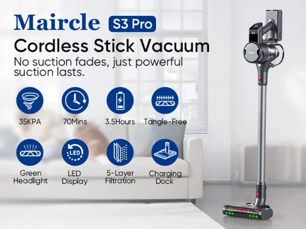 Maircle S3 Pro Cordless Vacuum Cleaner, with Store and Charge 2-in-1 Dock, 70min Runtime, 35kPa Power Suction, Green LED Headlight, for Hard Floors, Carpet and Pet Hair