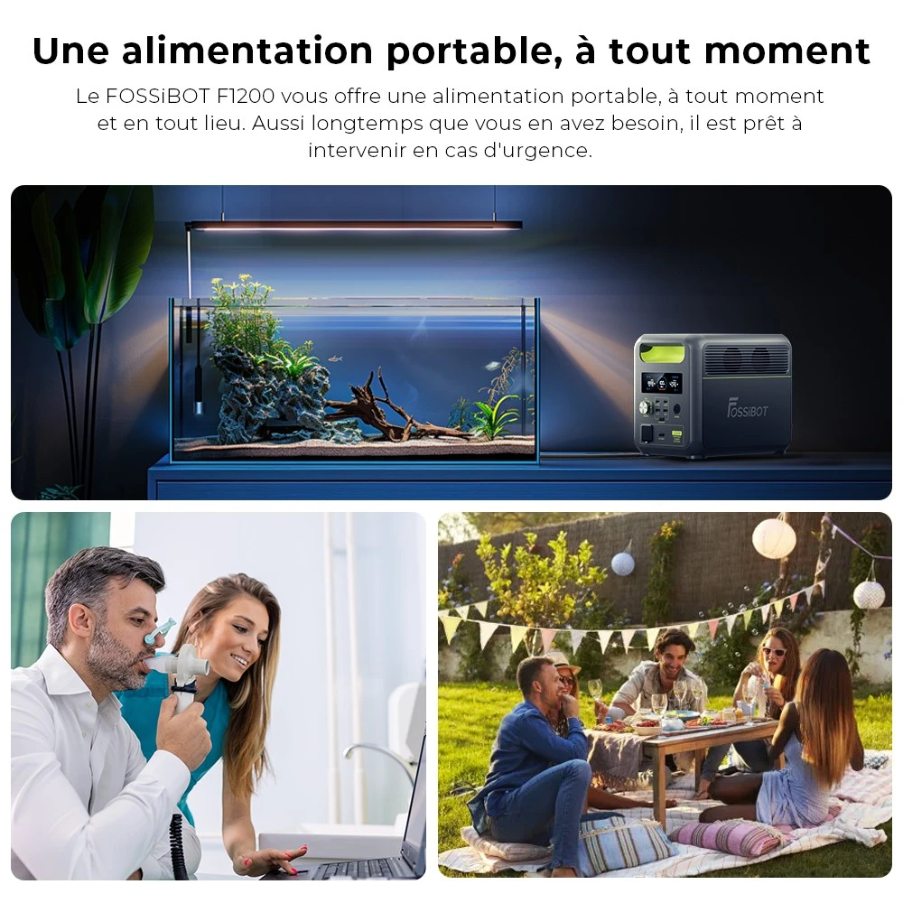Centrale électrique portable FOSSiBOT F1200, capacité de 1 024 Wh, puissance nominale de 1 200 W, 3 modes d'éclairage LED, 7 ports de sortie, protection BMS, commutation < 10 ms, régulateur d'entrée à 5 vitesses, batterie LiFePO4 de qualité EV, plus de 4 000 cycles