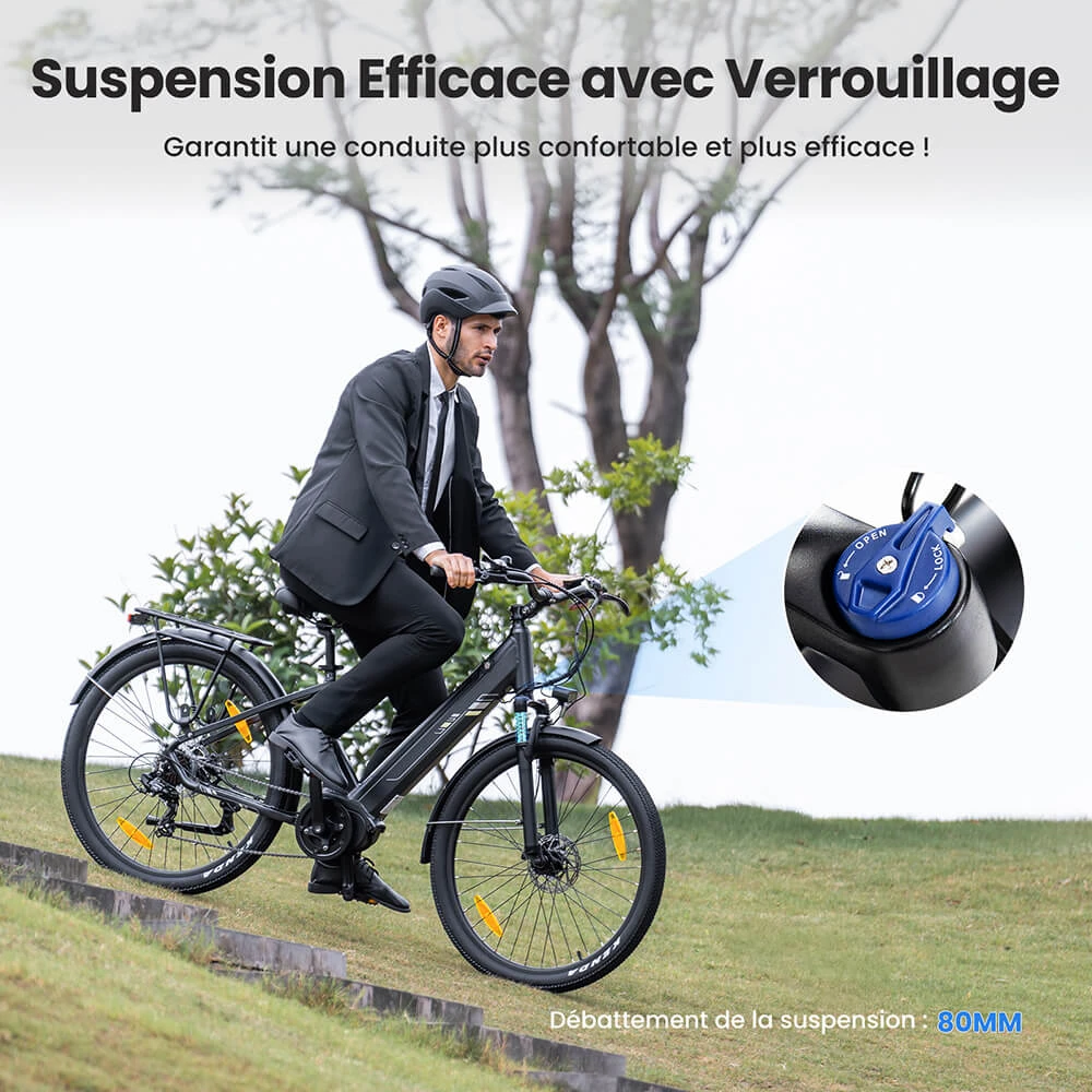 Touroll Urbano 3 Vélo électrique, moteur central 250 W, batterie 36 V 13 Ah, pneus 27,5 pouces, vitesse maximale 25 km/h, autonomie 120 km, frein à disque hydraulique, fourche à suspension avec blocage