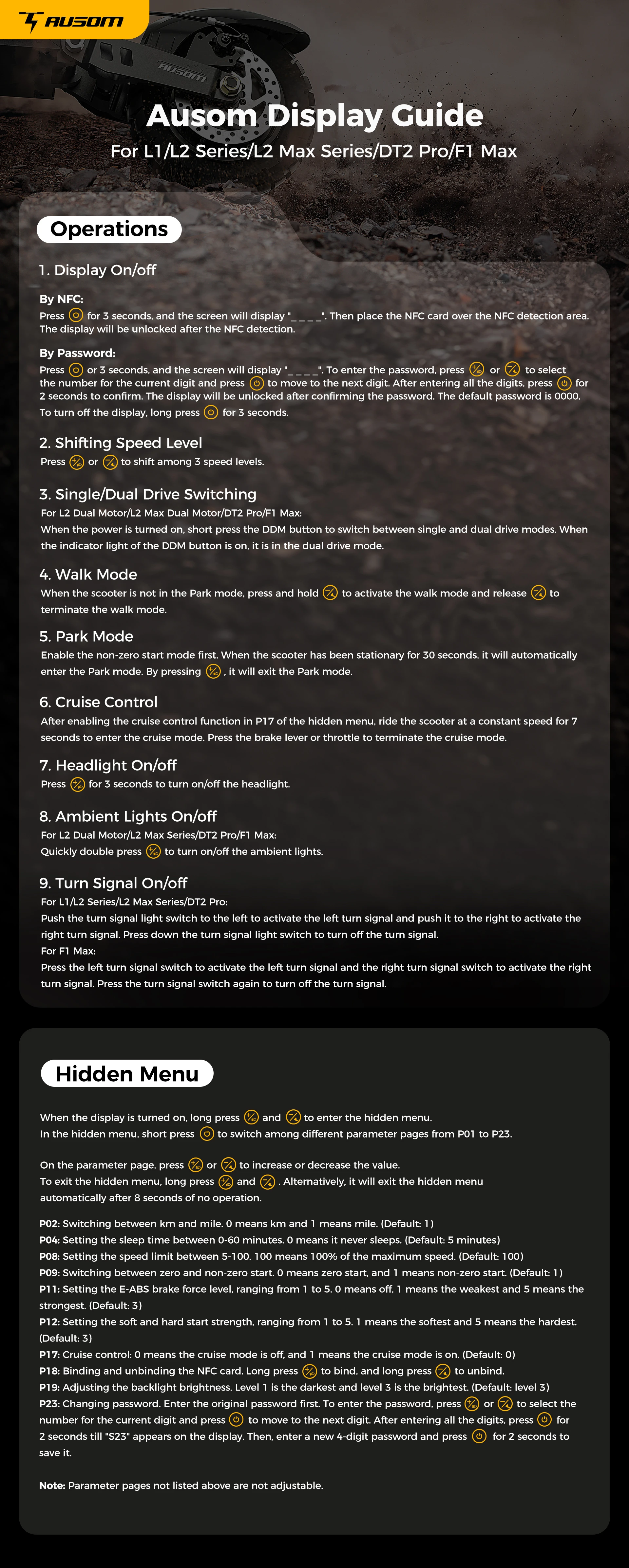 Ausom L2 Max Electric Scooter, 1000W Motor, 48V 20.8Ah Battery, 10 inches Tires, 50km/h Max Speed, 90km Range, Front & Rear Disc Brakes, Swingarm Suspension, NFC & Passcode Lock