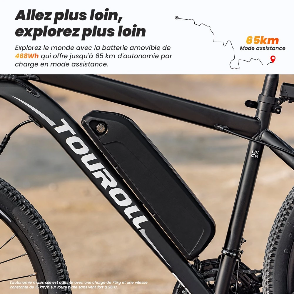 Vélo VTT électrique tout-terrain Touroll U1 26 pouces avec moteur 250 W, batterie amovible 36 V 13 Ah, autonomie maximale de 65 km, transmission Shimano 21 vitesses, frein à disque Shimano 21 vitesses, étanchéité IPX4 - Noir