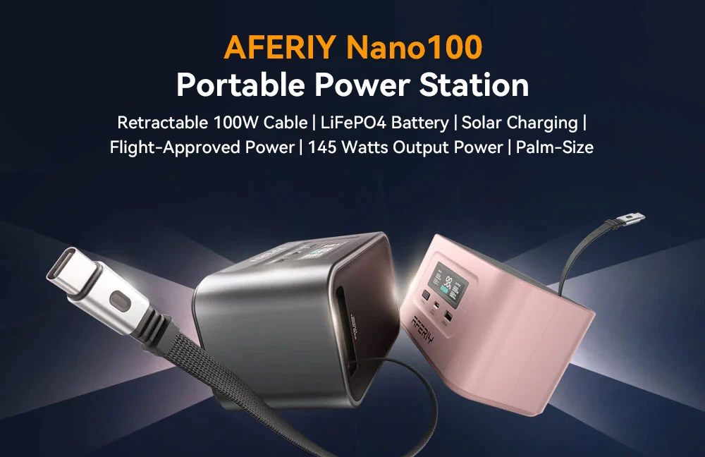 Station d'alimentation portable AFERIY Nano100, 100 W 99,2 Wh, câble télescopique de type C, transportable en avion, charge complète en 1,5 h, batterie LiFePO₄ de plus de 3 000 cycles