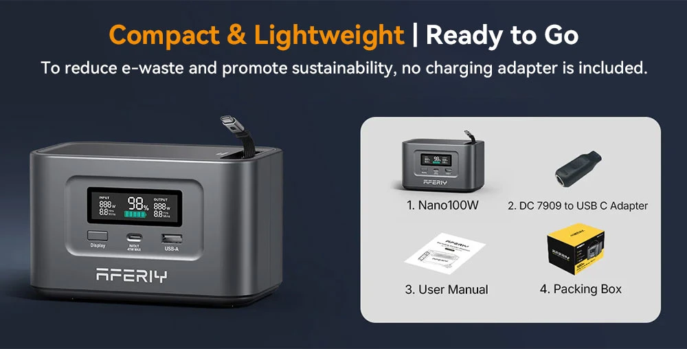 Station d'alimentation portable AFERIY Nano100, 100 W 99,2 Wh, câble télescopique de type C, transportable en avion, charge complète en 1,5 h, batterie LiFePO₄ de plus de 3 000 cycles