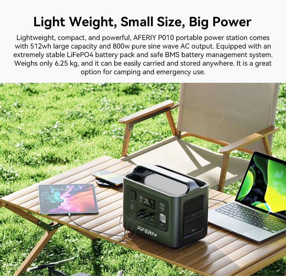 Centrale électrique portable AFERIY P010, générateur d'extérieur 800 W 512 Wh, 8 sorties, charge complète en 1,5 h, batterie LiFePO₄ 3 500 cycles et plus
