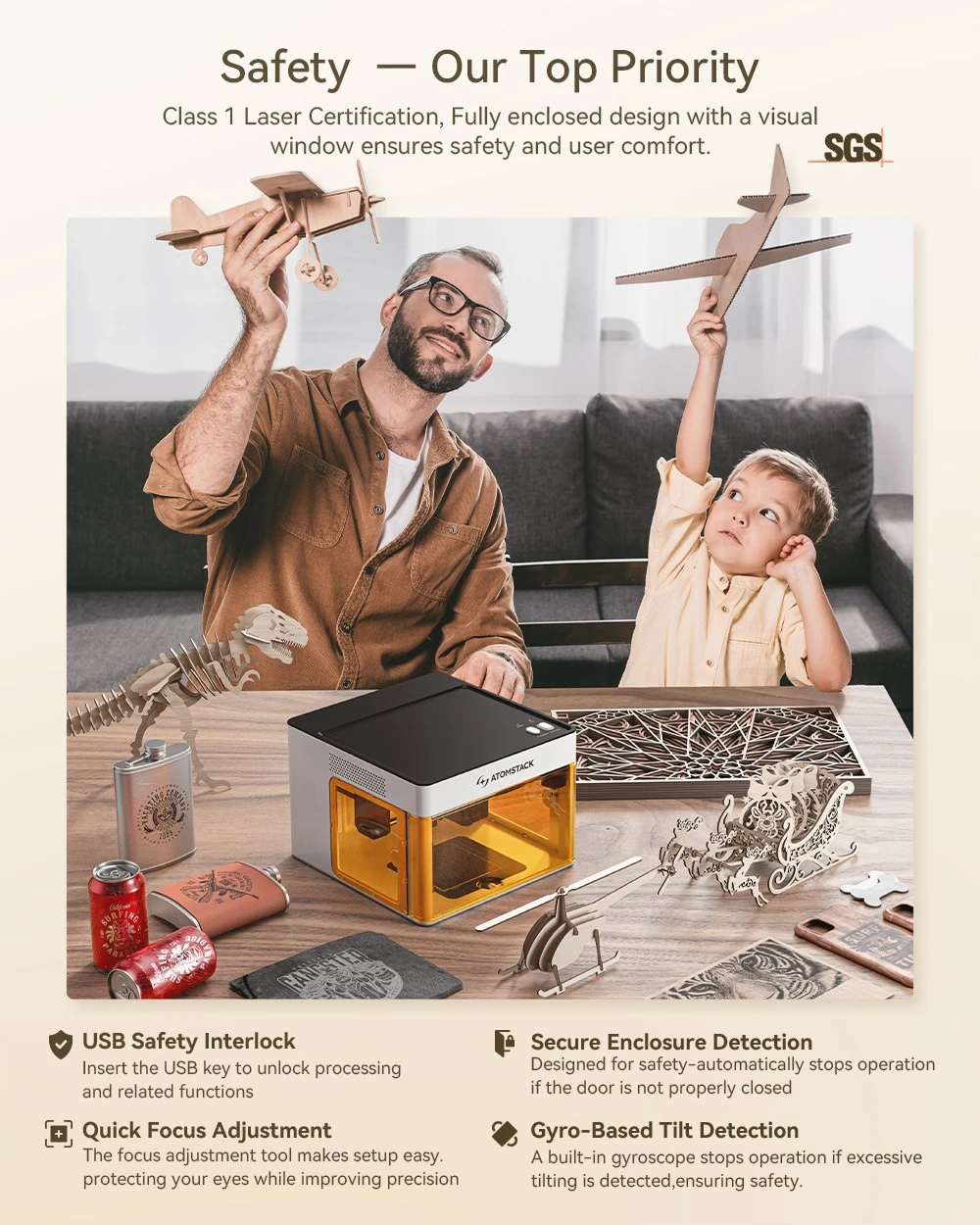 AtomStack P1 Dual Laser Engraver, 5W Diode & 1.2W IR, 10,000mm/min Speed, 110x110mm/105x100mm