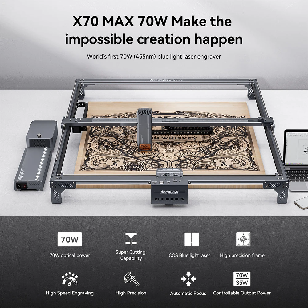 AtomStack X70 Max 70W Laser Engraver, 0.02mm Accuracy, Auto Focus, 800x850mm