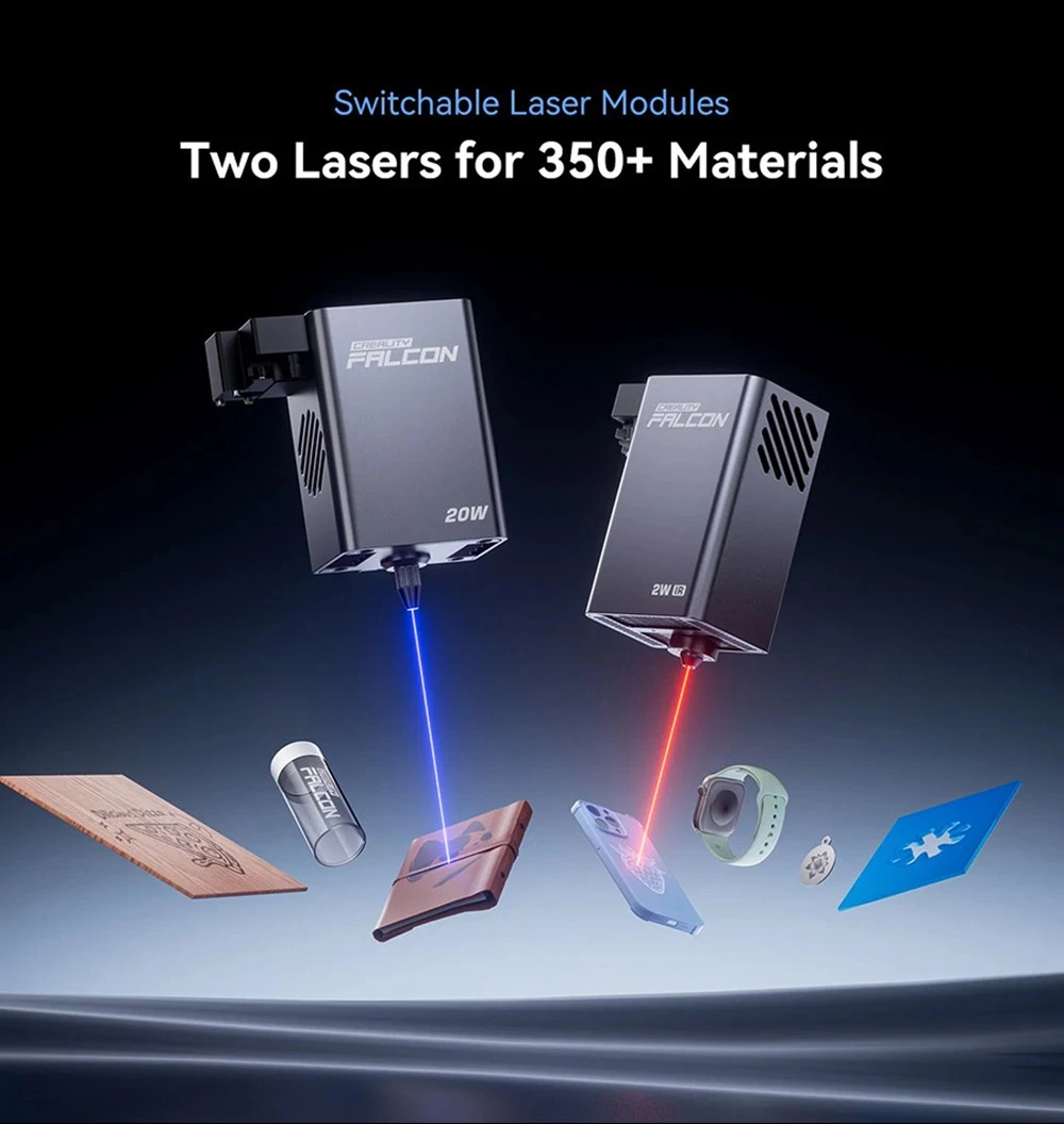 Graveur/découpeur laser Creality Falcon A1 Pro, 20 W bleu et 2 W infrarouge, caméra IA, vitesse de 600 mm/s, écran tactile 4,3 pouces, 358 x 268 mm, gris