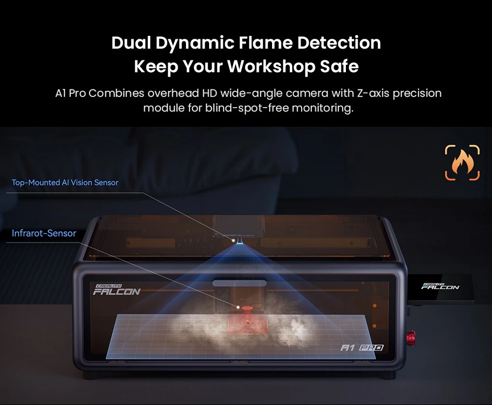 Graveur/découpeur laser Creality Falcon A1 Pro, 20 W bleu et 2 W infrarouge, caméra IA, vitesse de 600 mm/s, écran tactile 4,3 pouces, 358 x 268 mm, gris