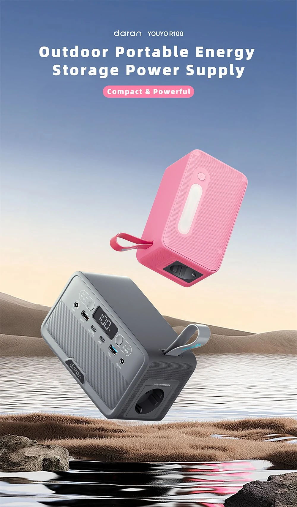 DaranEner YOUYO R100 100W Portable Power Station, 4x USB, 1x DC and 2x AC Ports, 89.6Wh LiFePO4, LED & Compact