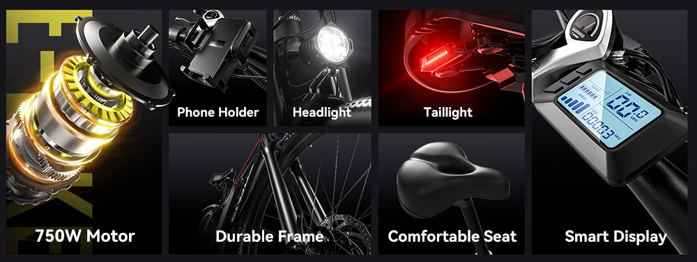 Vélo électrique FENGQS Q8, moteur 750 W, batterie 48 V 17,5 Ah, pneus 27,5 pouces, vitesse maximale 50 km/h, autonomie 85 km, freins à disque hydrauliques, 21 vitesses - Blanc