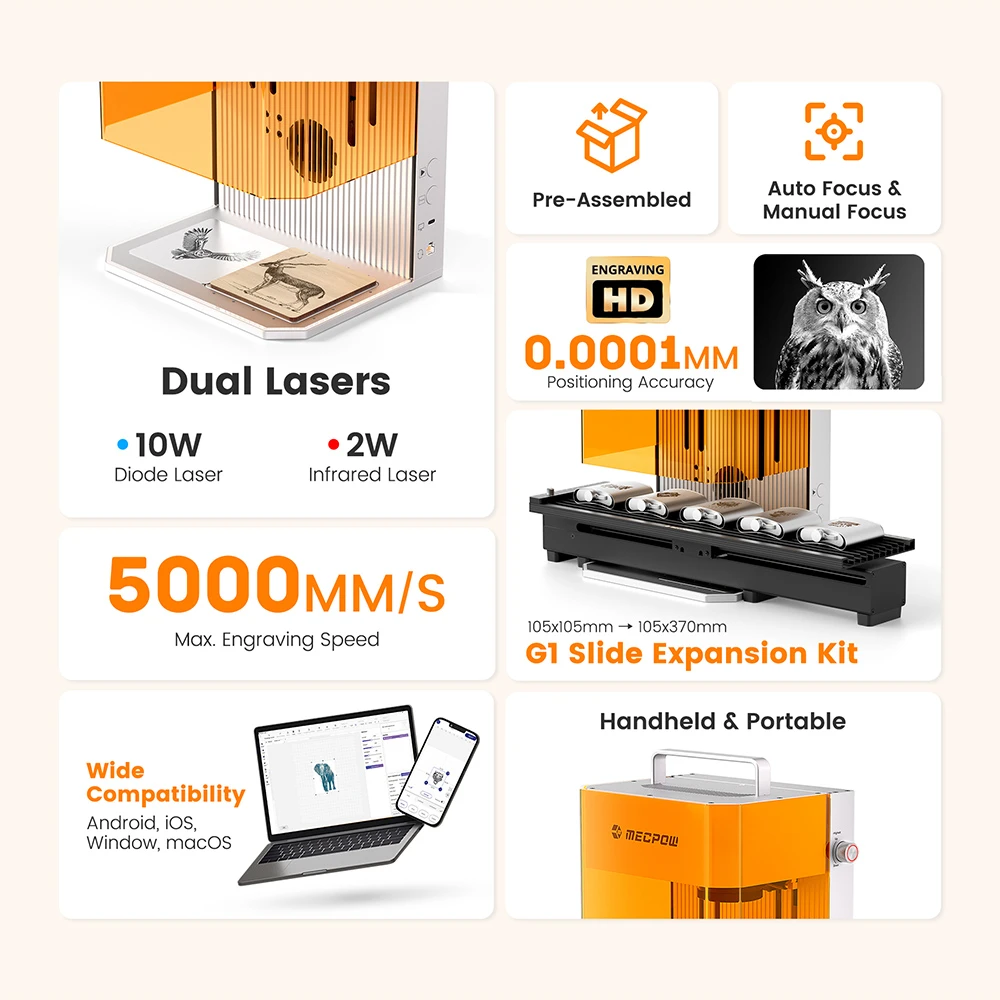 Machine de découpe et de gravure laser double Mecpow X1, infrarouge 2 W et diode 10 W, vitesse de 5 000 mm/s, 105 × 105 mm