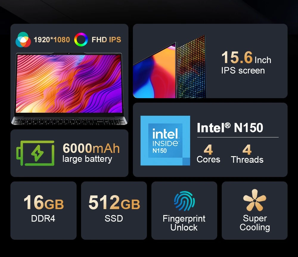 Ninkear N15 Air Laptop, 15.6 inch 1920x1080 IPS Screen, Intel N150 4 Core Max 3.6GHz, 16GB RAM 512GB SSD, 2.4/5GHz WiFi Bluetooth 5.0, 1*Type-C (Data Only), 1*USB3.0, 1*USB2.0, 1*HDMI, 1*Micro SD Card Slot, 6000mAh Battery, Fingerprint Unlock