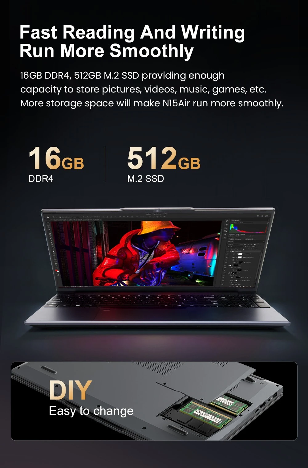 Ninkear N15 Air Laptop, 15.6 inch 1920x1080 IPS Screen, Intel N150 4 Core Max 3.6GHz, 16GB RAM 512GB SSD, 2.4/5GHz WiFi Bluetooth 5.0, 1*Type-C (Data Only), 1*USB3.0, 1*USB2.0, 1*HDMI, 1*Micro SD Card Slot, 6000mAh Battery, Fingerprint Unlock
