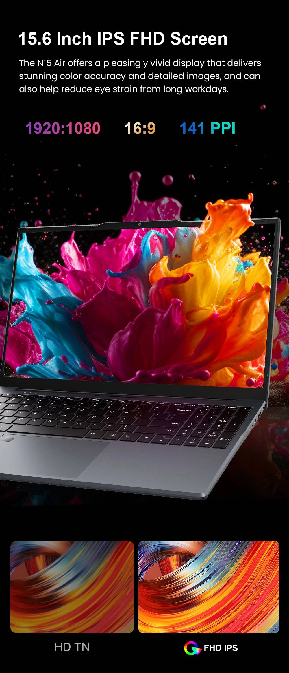 Ninkear N15 Air Laptop, 15.6 inch 1920x1080 IPS Screen, Intel N150 4 Core Max 3.6GHz, 16GB RAM 512GB SSD, 2.4/5GHz WiFi Bluetooth 5.0, 1*Type-C (Data Only), 1*USB3.0, 1*USB2.0, 1*HDMI, 1*Micro SD Card Slot, 6000mAh Battery, Fingerprint Unlock
