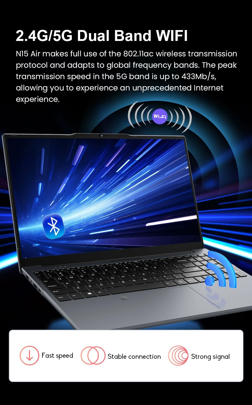 Ninkear N15 Air Laptop, 15.6 inch 1920x1080 IPS Screen, Intel N150 4 Core Max 3.6GHz, 16GB RAM 512GB SSD, 2.4/5GHz WiFi Bluetooth 5.0, 1*Type-C (Data Only), 1*USB3.0, 1*USB2.0, 1*HDMI, 1*Micro SD Card Slot, 6000mAh Battery, Fingerprint Unlock