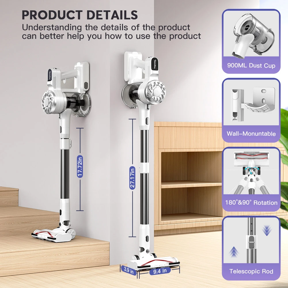 مكنسة كهربائية لاسلكية من تيندو V08 برو، قوة شفط 25 كيلو باسكال، بطارية 2200 مللي أمبير/ساعة