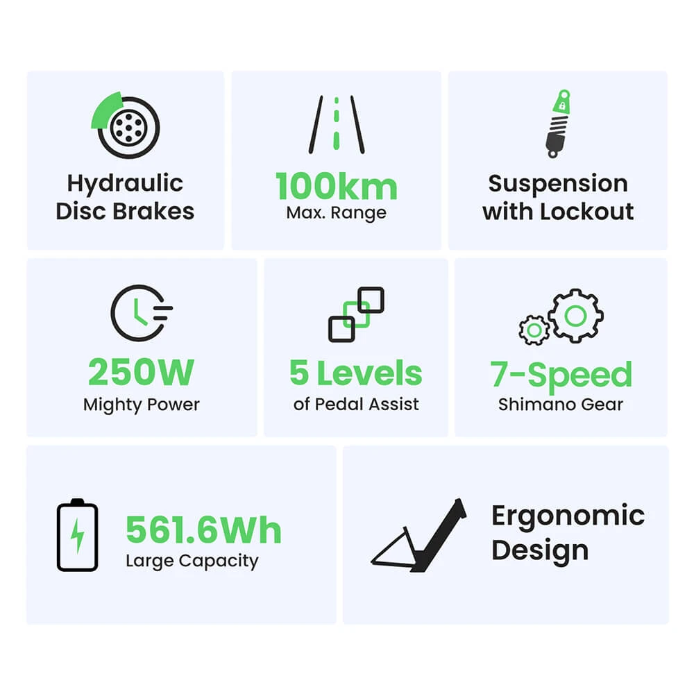 Touroll J1 Pro Elcykel, 250W Motor, 36V 15,6Ah Batteri, 27,5 tommer Dæk, 25 km/t Maks. Hastighed, 100 km Rækkevidde, Hydraulisk Skivebremse, Affjedring med Lockout, Shimano 7-speed