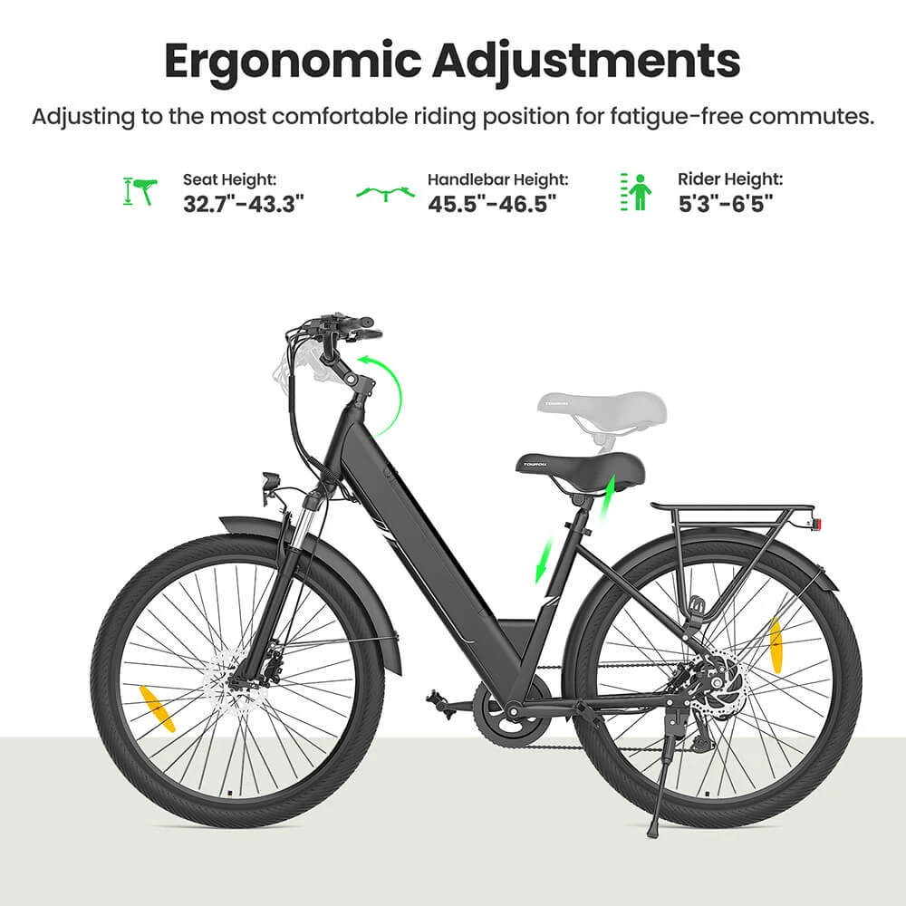 Touroll J1 Pro Electric Bike, 250W Motor, 36V 15.6Ah Battery, 27.5 inch Tires, 25km/h Max Speed, 100km Range, Hydraulic Disc Brake, Suspension with Lockout, Shimano 7-speed