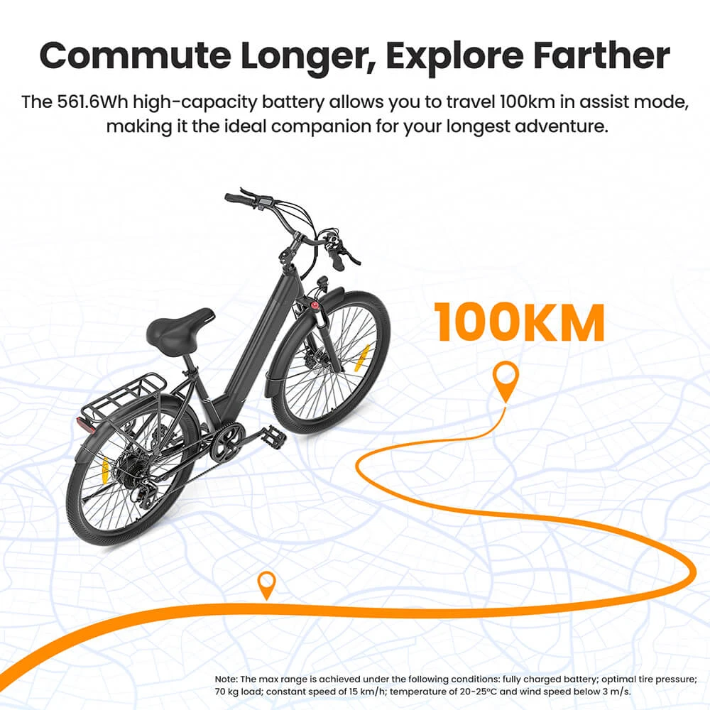 Touroll J1 Pro Electric Bike, 250W Motor, 36V 15.6Ah Battery, 27.5 inch Tires, 25km/h Max Speed, 100km Range, Hydraulic Disc Brake, Suspension with Lockout, Shimano 7-speed