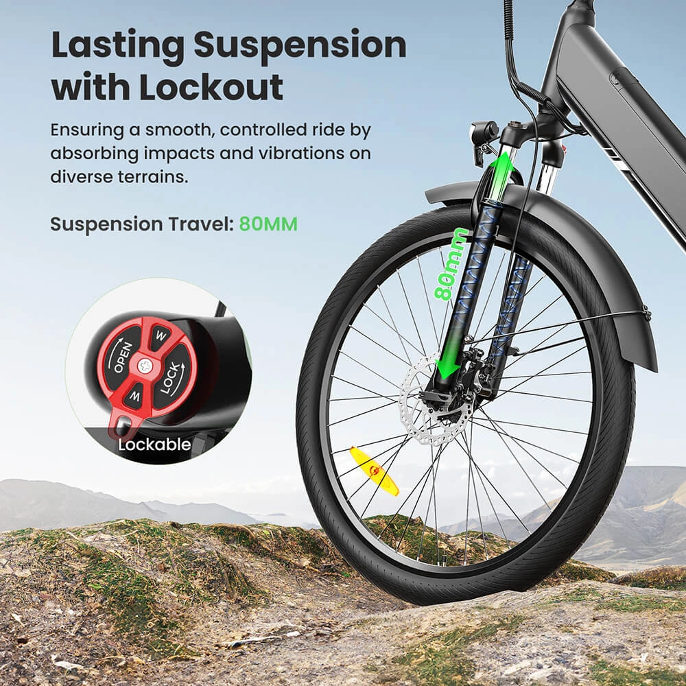 Touroll J1 Pro Electric Bike, 250W Motor, 36V 15.6Ah Battery, 27.5 inch Tires, 25km/h Max Speed, 100km Range, Hydraulic Disc Brake, Suspension with Lockout, Shimano 7-speed