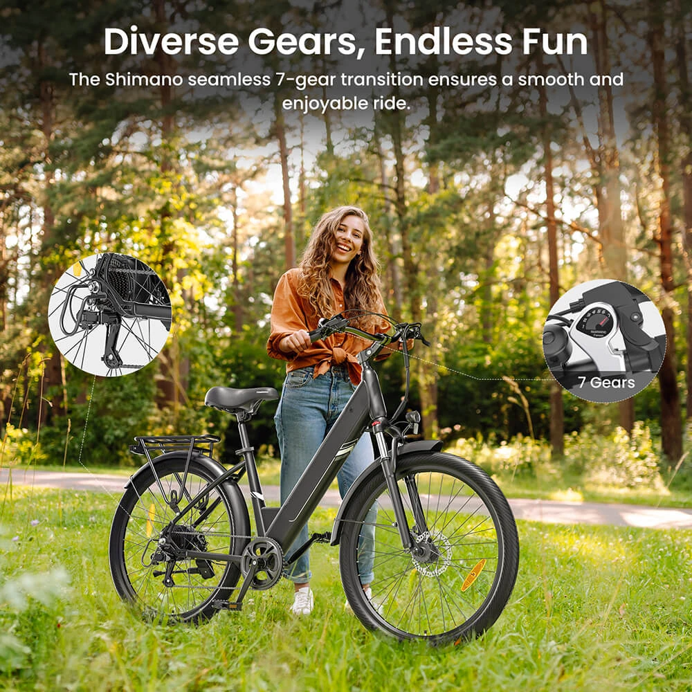 Touroll J1 Pro Electric Bike, 250W Motor, 36V 15.6Ah Battery, 27.5 inch Tires, 25km/h Max Speed, 100km Range, Hydraulic Disc Brake, Suspension with Lockout, Shimano 7-speed