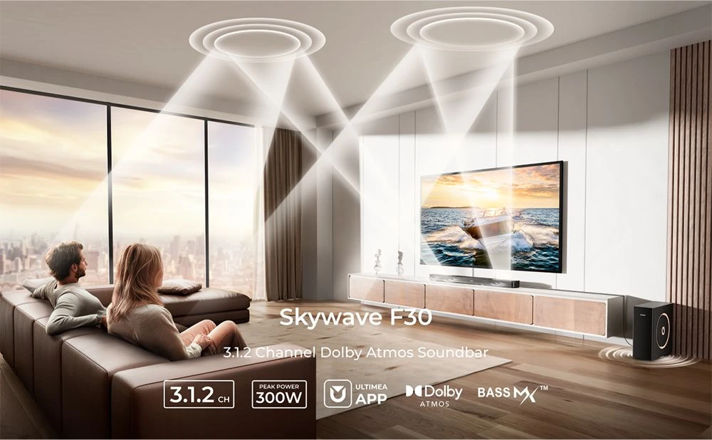 Ultimea Skywave F30 3.1.2 Soundbar, Dolby Atmos, App Control, 300W μέγιστη ισχύς, λειτουργία CEC, Bluetooth 5.4, 10 ζώνες Ρυθμίσεις ισοσταθμιστή γραφικών, 121 προκαθορισμένες μήτρες EQ