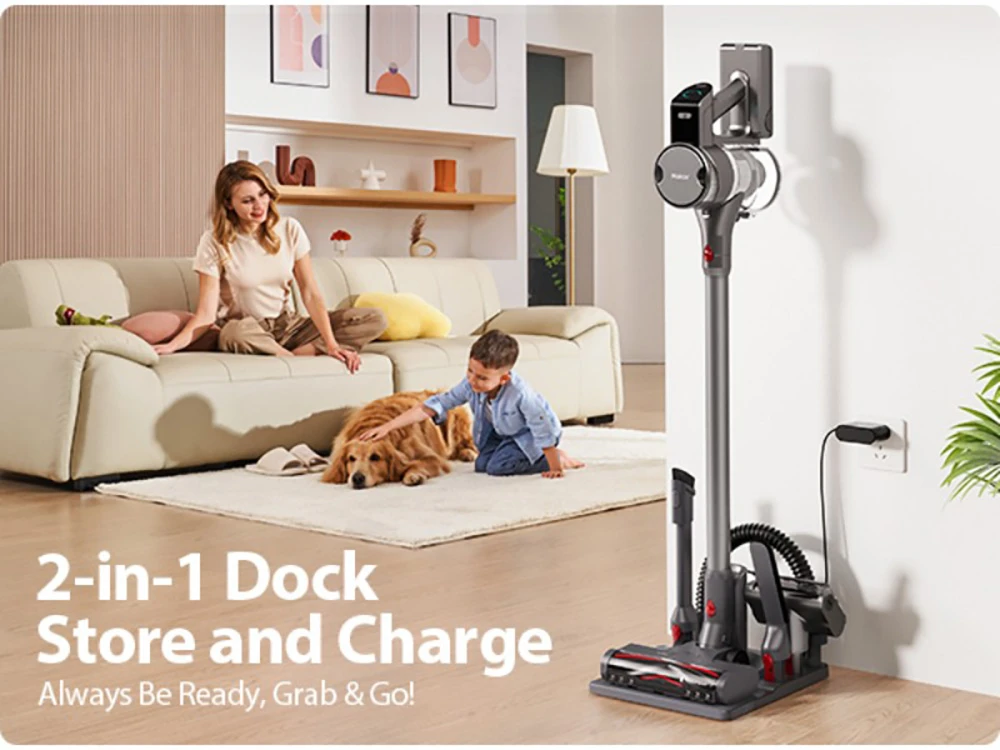 Maircle S3 Pro Cordless Vacuum Cleaner, with Store and Charge 2-in-1 Dock, 70min Runtime, 35kPa Power Suction, Green LED Headlight, for Hard Floors, Carpet and Pet Hair